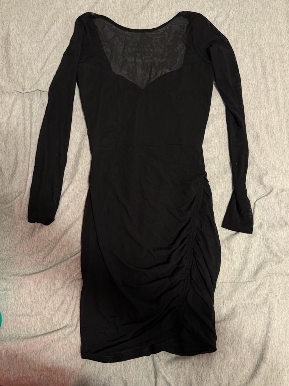 Black Long-Sleeve Ruched Sheer-Panel Bodycon Dress